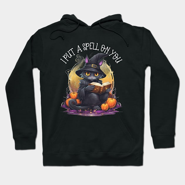 Witch Cat Reading A Spell Book I Put A Spell On You Hoodie by Funny Stuff Club